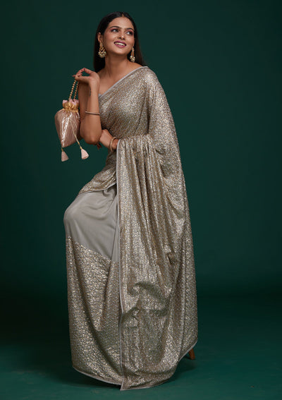 Grey Sequins Net Saree - Koskii