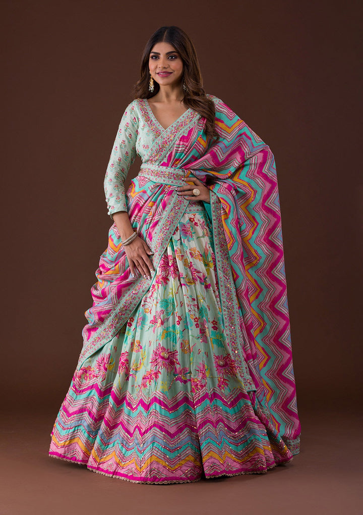 Sky Blue Sequins Raw Silk Lehenga-Koskii