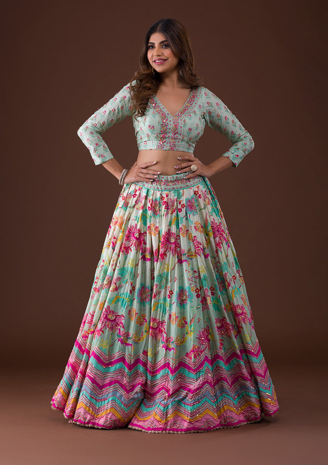 Sky Blue Sequins Raw Silk Lehenga-Koskii