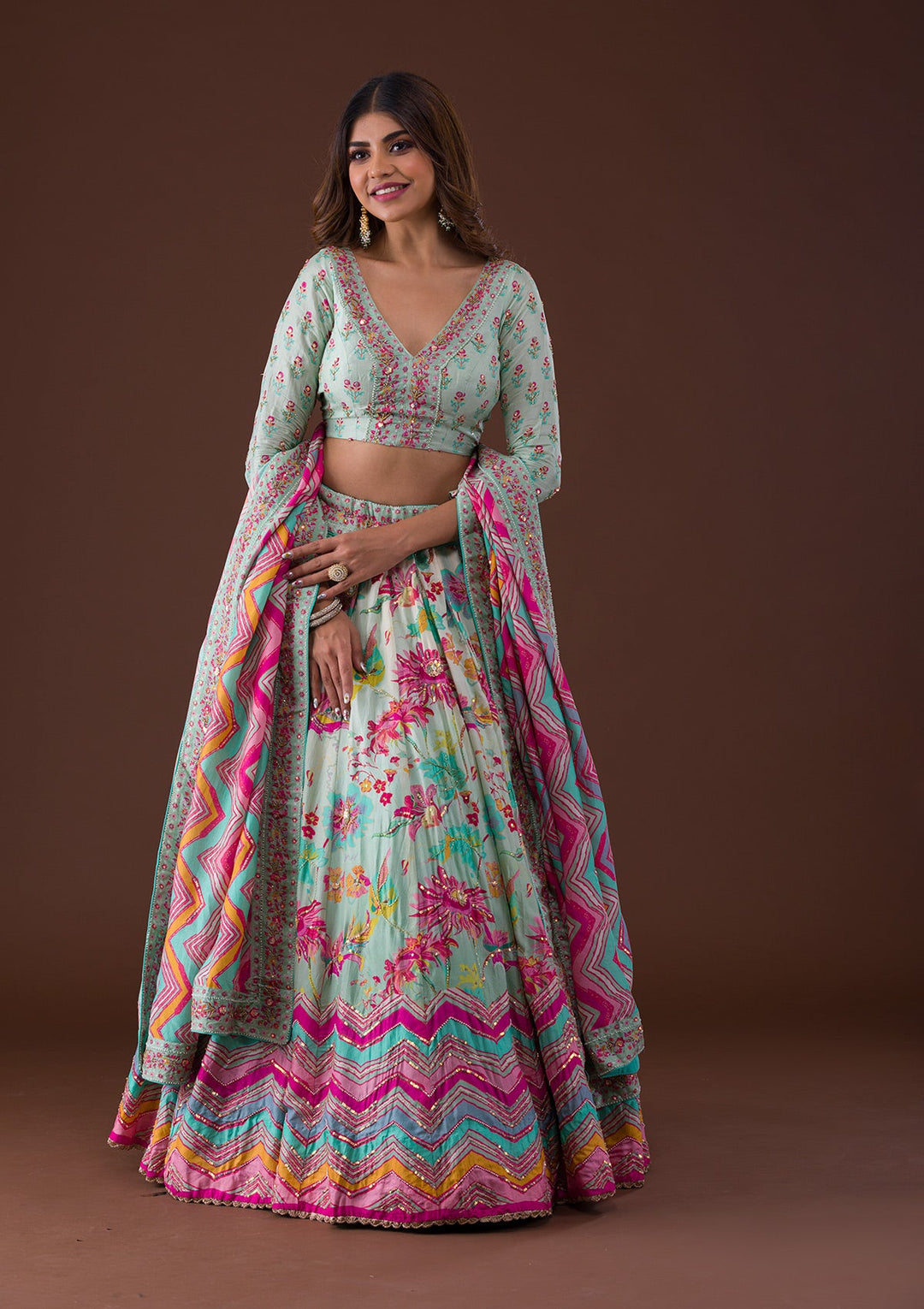 Sky Blue Sequins Raw Silk Lehenga-Koskii