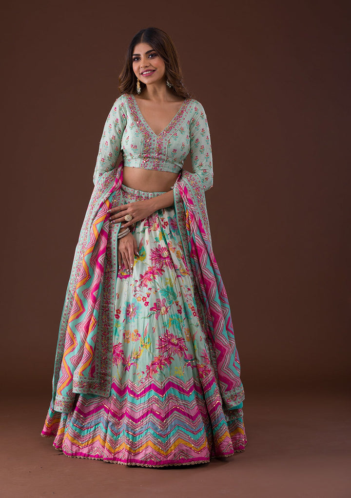 Sky Blue Sequins Raw Silk Lehenga-Koskii