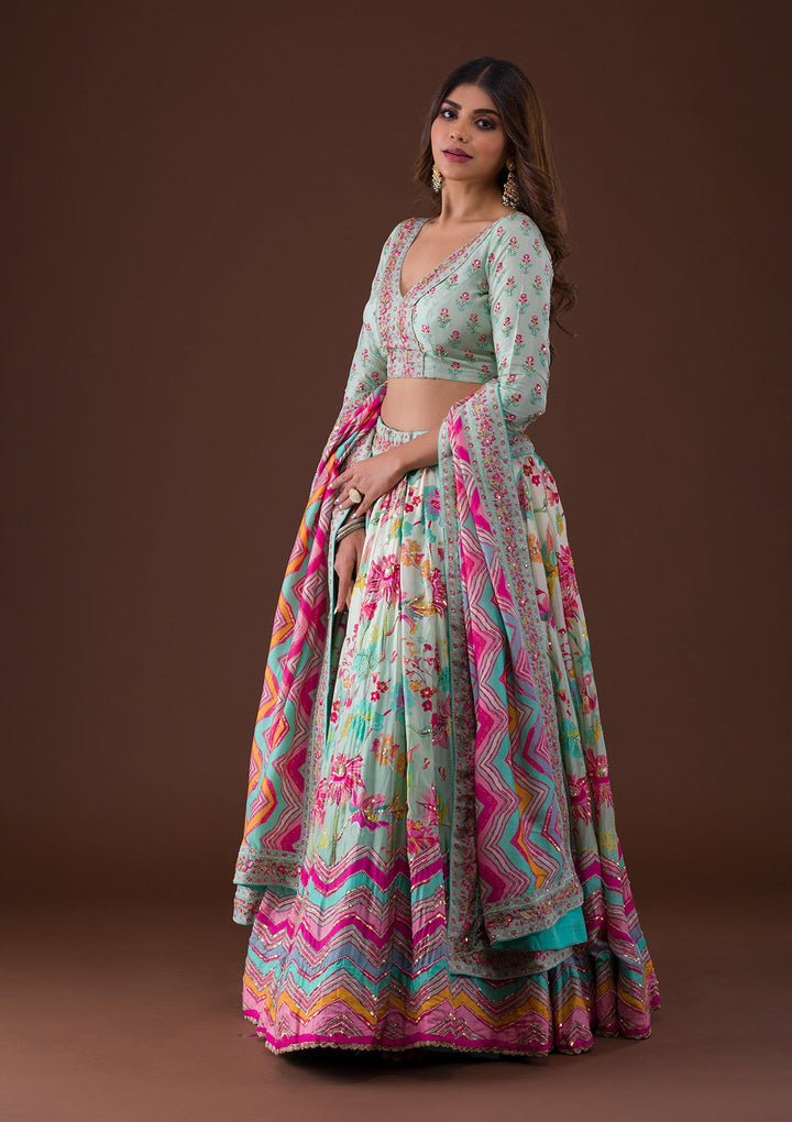 Sky Blue Sequins Raw Silk Lehenga-Koskii