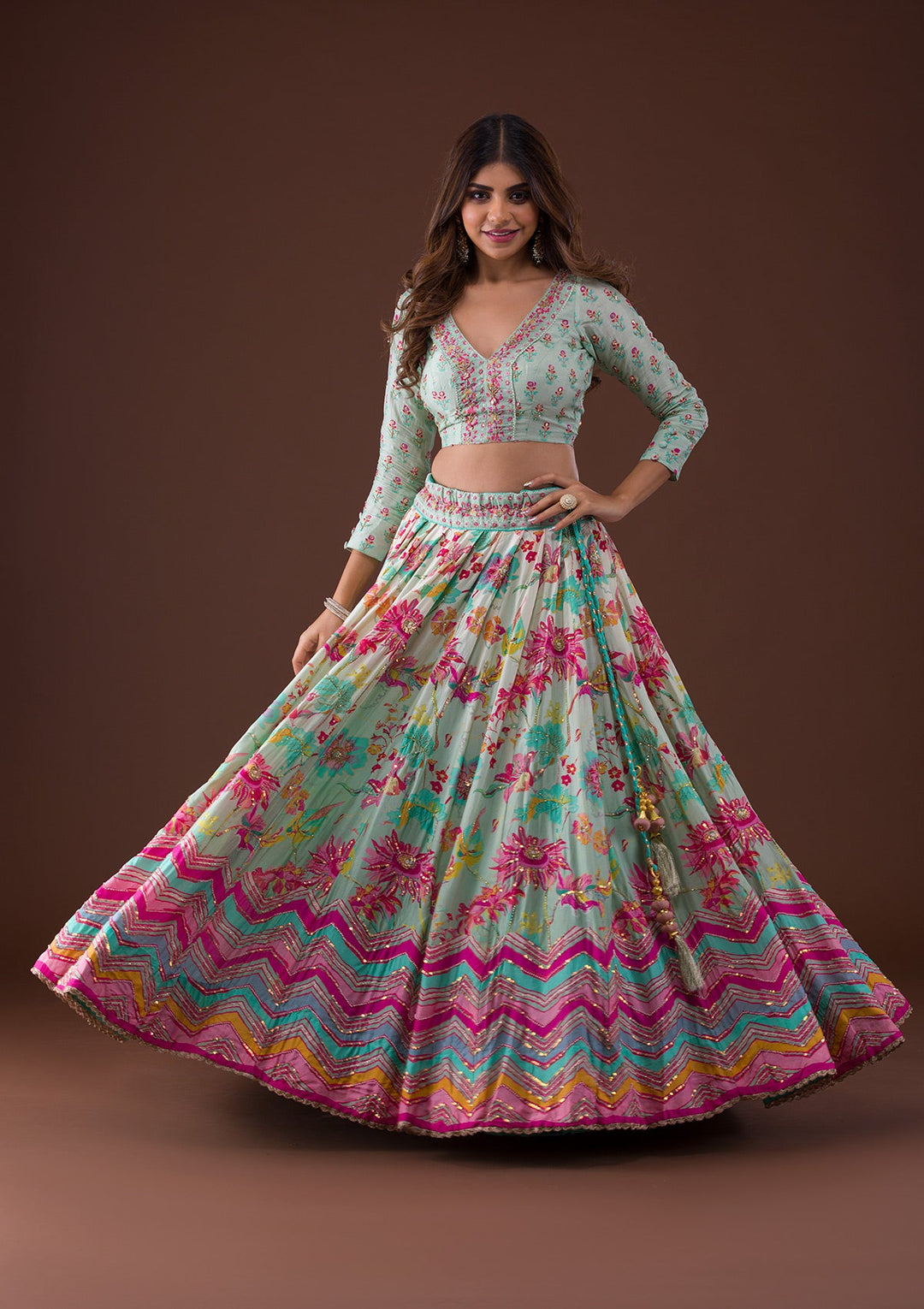 Sky Blue Sequins Raw Silk Lehenga-Koskii