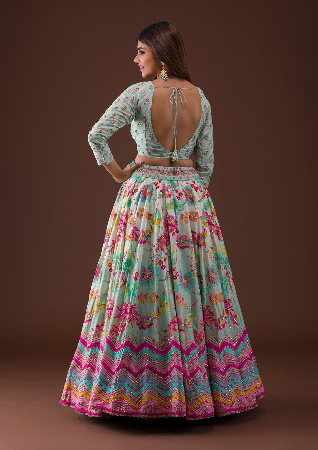 Sky Blue Sequins Raw Silk Lehenga-Koskii