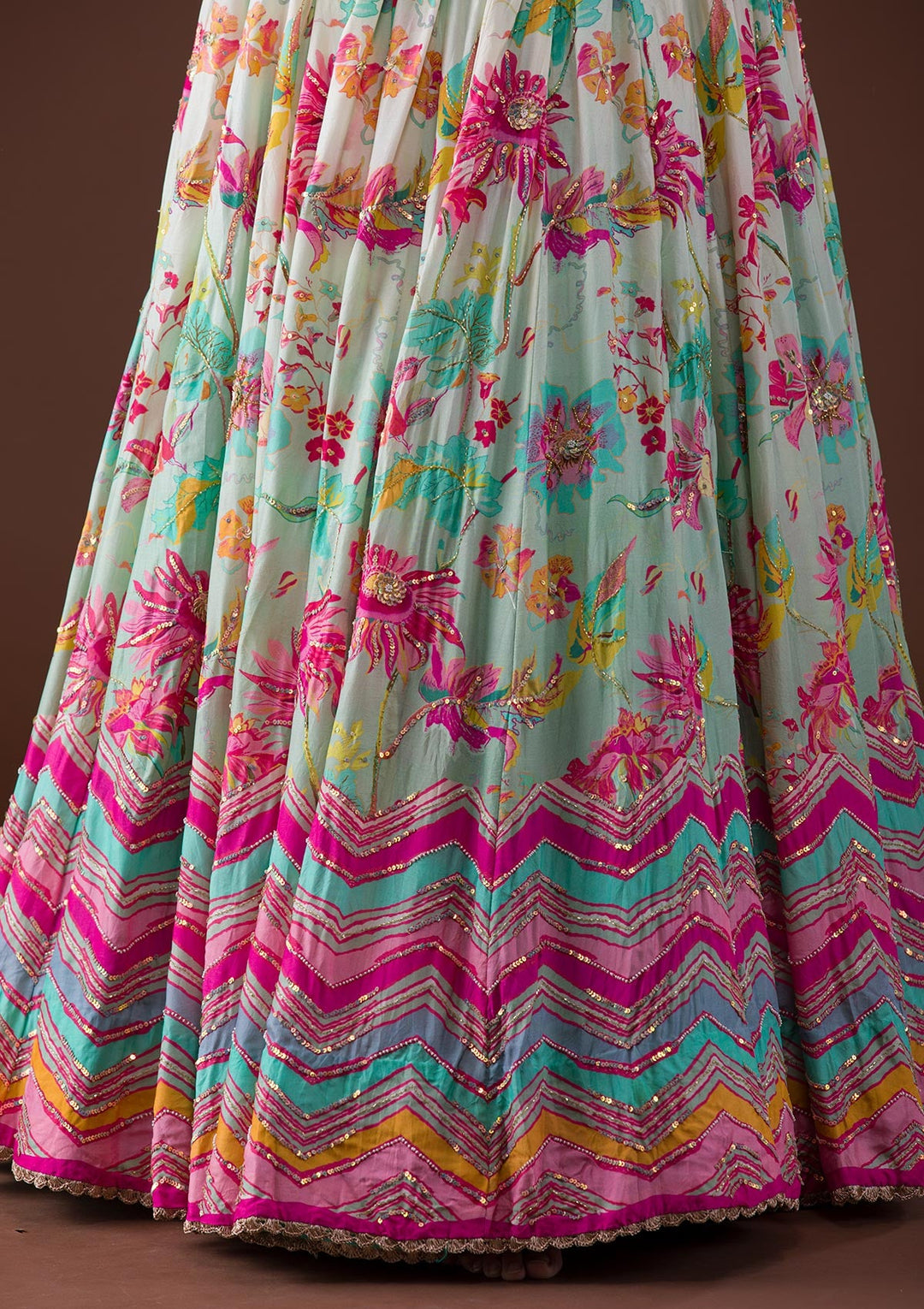 Sky Blue Sequins Raw Silk Lehenga-Koskii