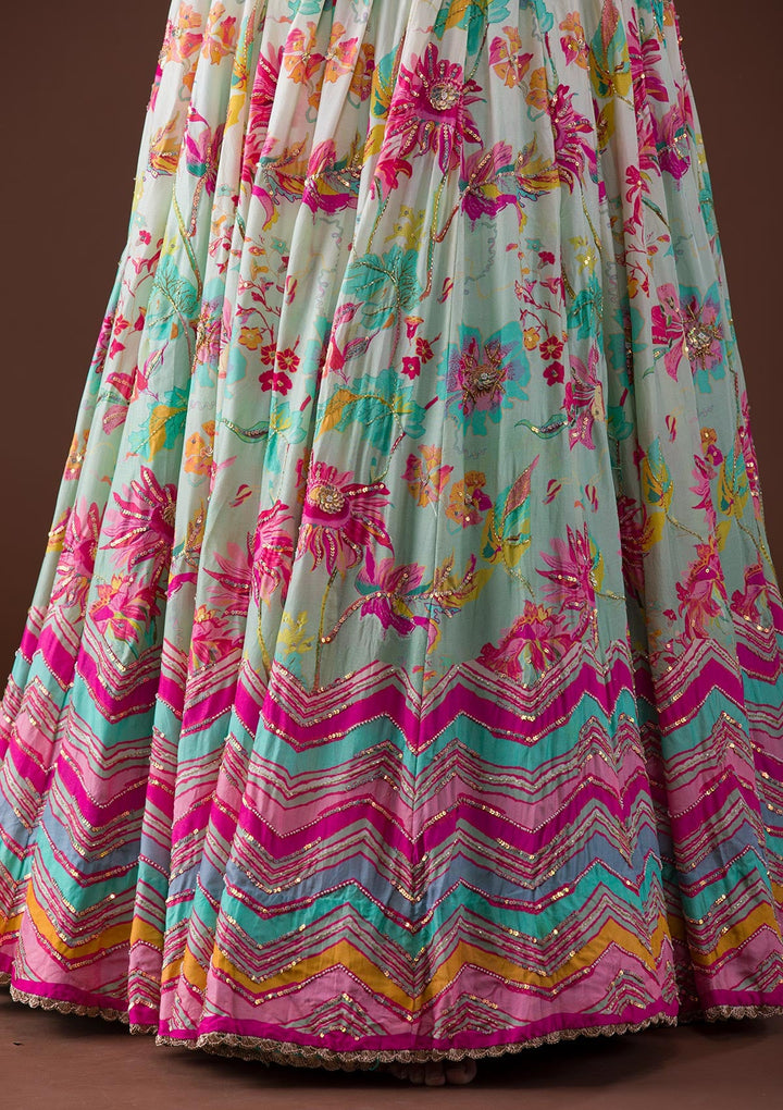 Sky Blue Sequins Raw Silk Lehenga-Koskii