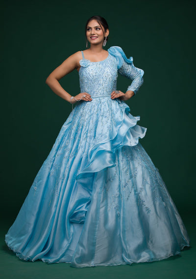 Sky Blue Sequins Tissue Gown-koskii