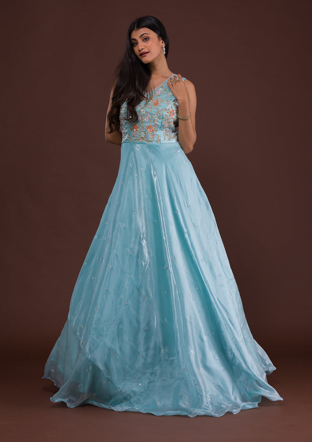 Sky Blue Sequins Tissue Designer Gown-Koskii