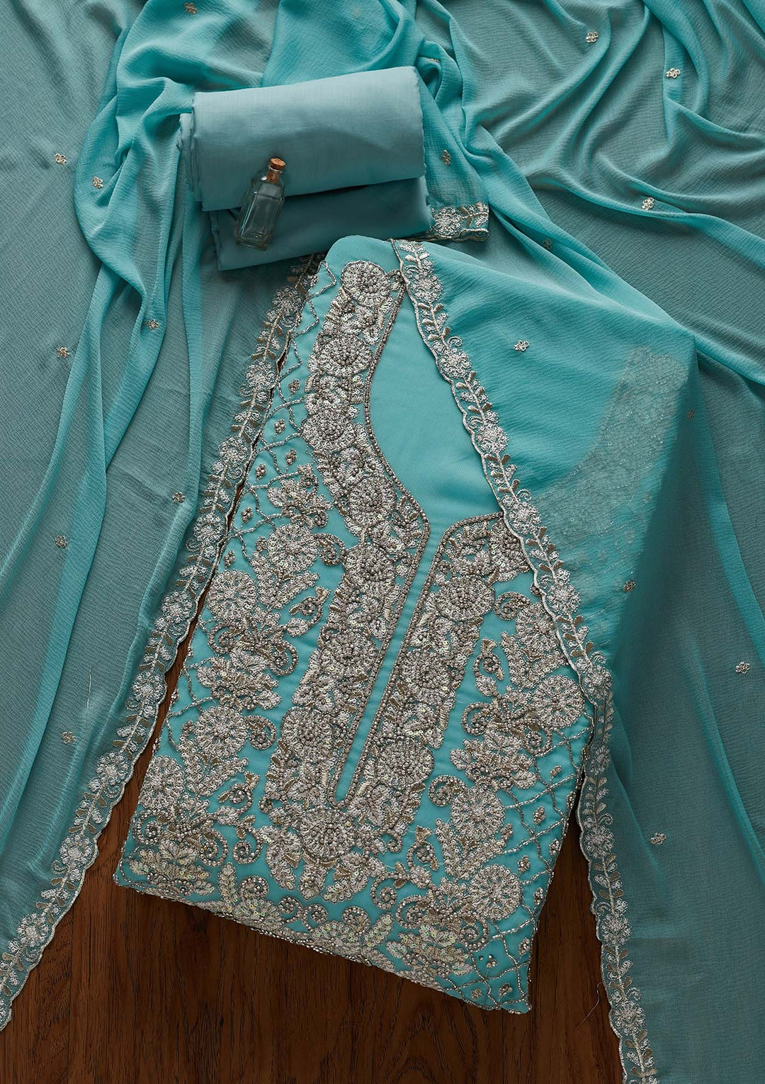 Sky Blue Silver Stonework Georgette Designer Semi-Stitched Salwar Suit - Koskii