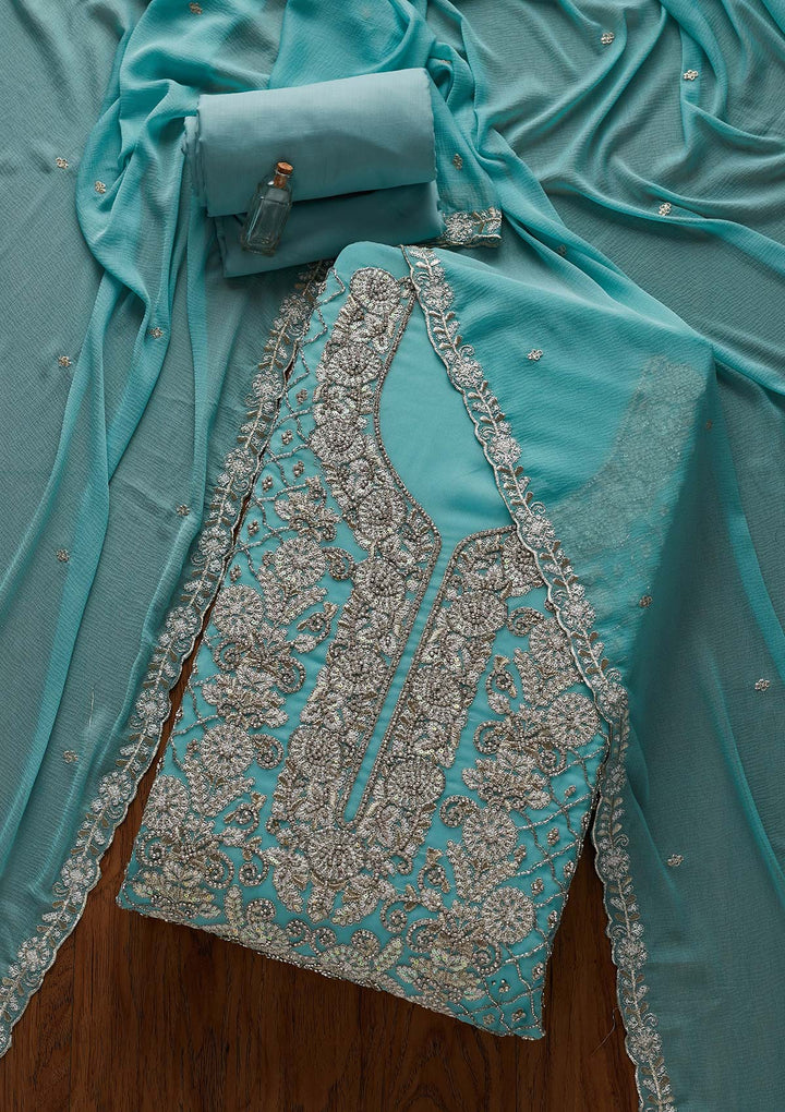 Sky Blue Silver Stonework Georgette Designer Semi-Stitched Salwar Suit - Koskii