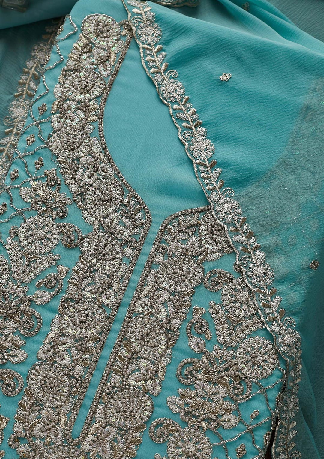 Sky Blue Silver Stonework Georgette Designer Semi-Stitched Salwar Suit - Koskii