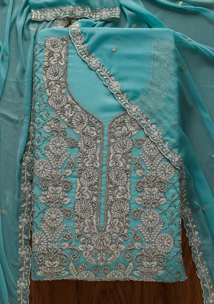 Sky Blue Silver Stonework Georgette Designer Semi-Stitched Salwar Suit - Koskii