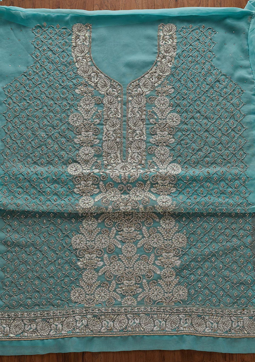 Sky Blue Silver Stonework Georgette Designer Semi-Stitched Salwar Suit - Koskii