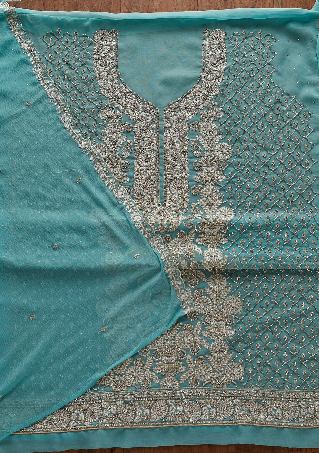 Sky Blue Silver Stonework Georgette Designer Semi-Stitched Salwar Suit - Koskii