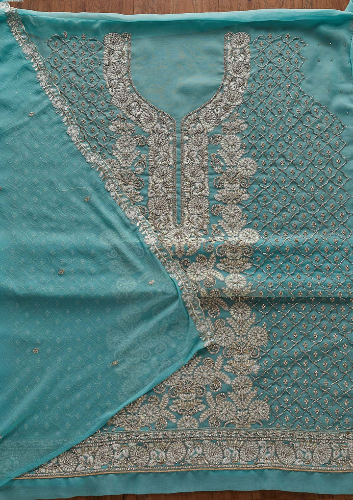 Sky Blue Silver Stonework Georgette Designer Semi-Stitched Salwar Suit - Koskii