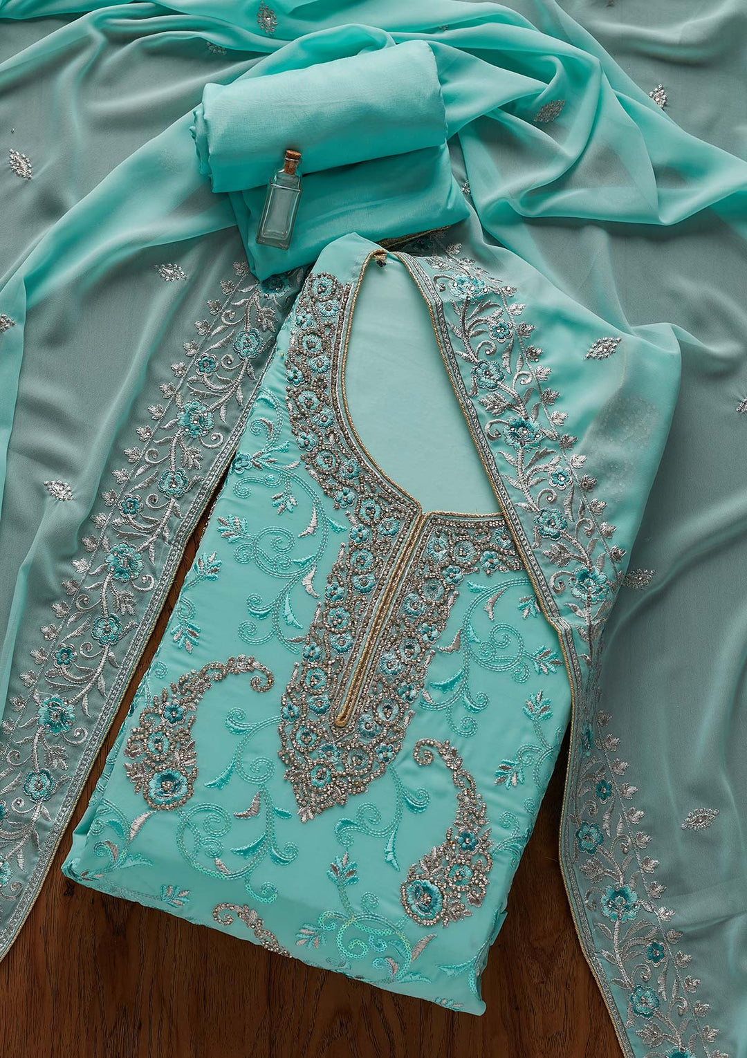 Sky Blue Silver Stonework Georgette Designer Unstitched Salwar Suit - Koskii