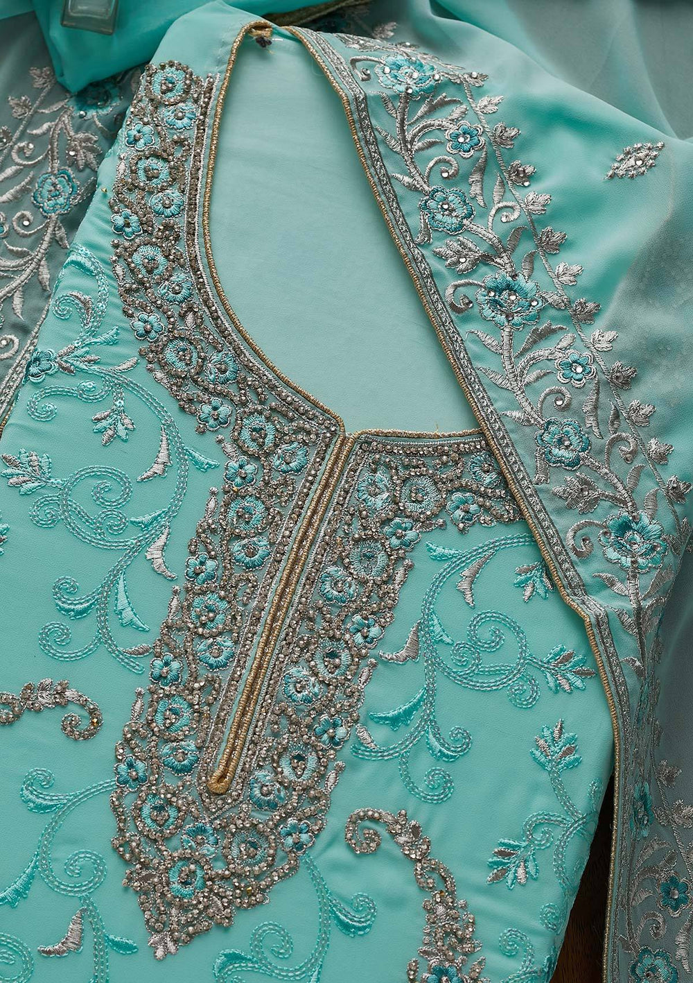 Sky Blue Silver Stonework Georgette Designer Unstitched Salwar Suit - Koskii