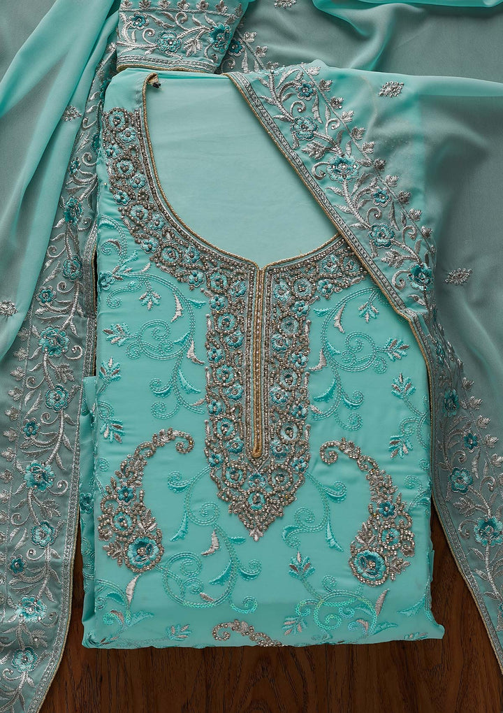 Sky Blue Silver Stonework Georgette Designer Unstitched Salwar Suit - Koskii