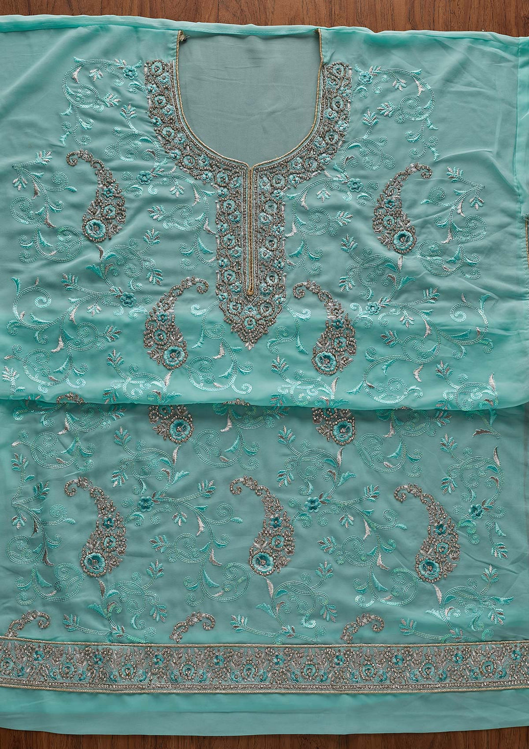 Sky Blue Silver Stonework Georgette Designer Unstitched Salwar Suit - Koskii