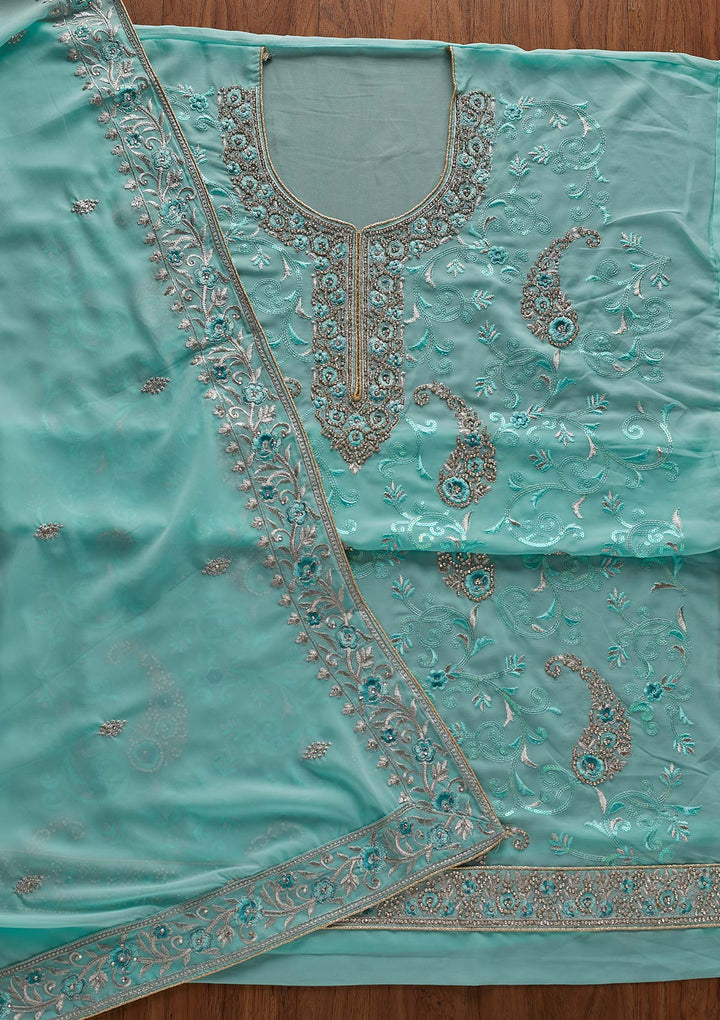 Sky Blue Silver Stonework Georgette Designer Unstitched Salwar Suit - Koskii