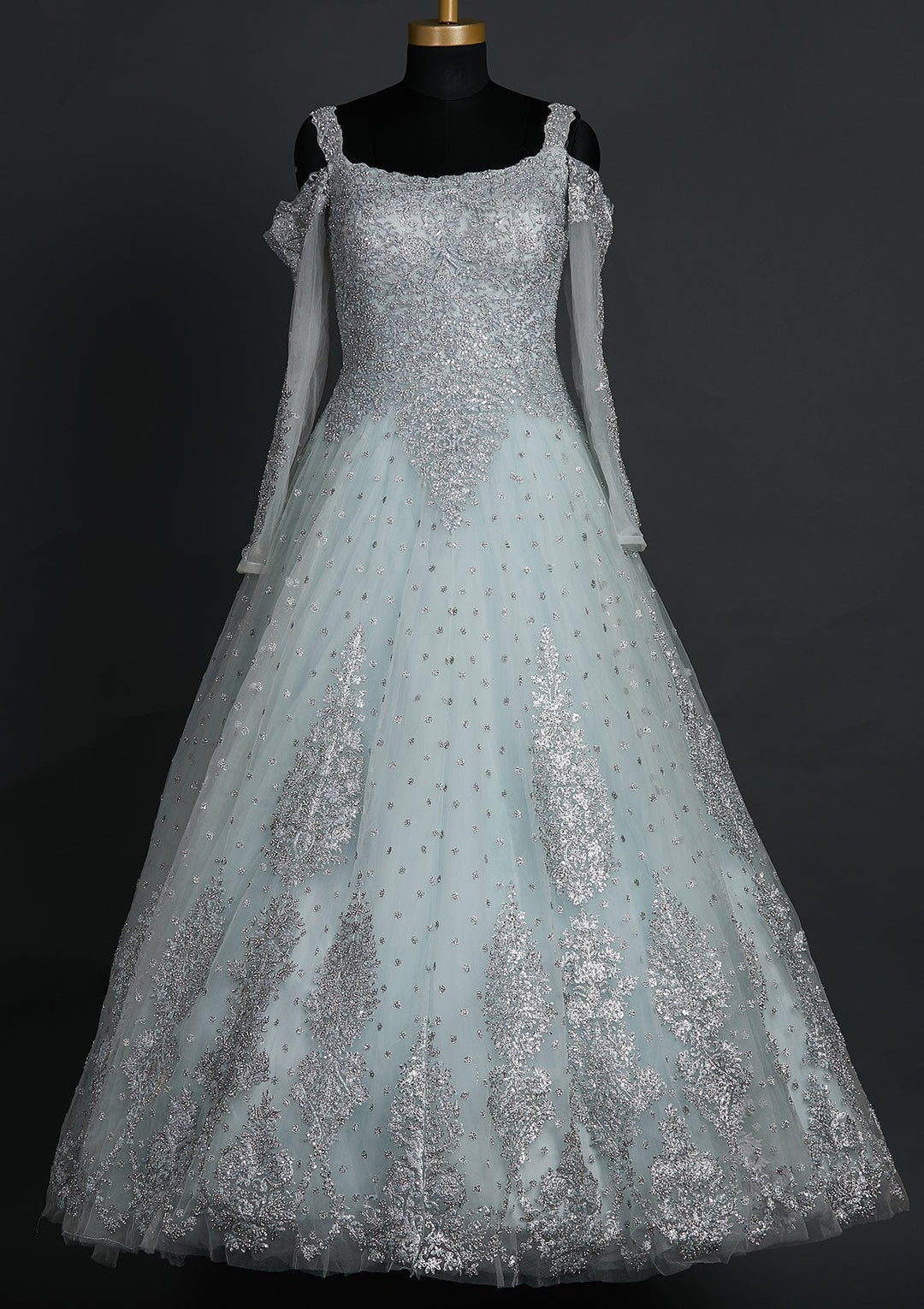 Sky Blue Silver Stonework Net Designer Gown - koskii