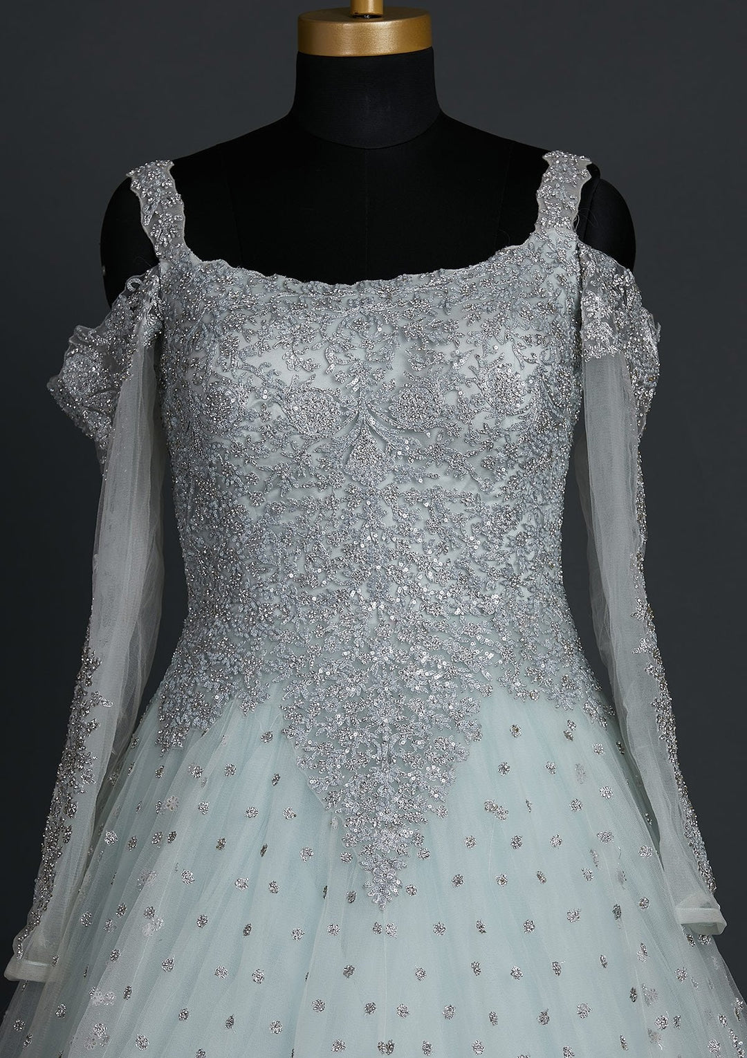 Sky Blue Silver Stonework Net Designer Gown - koskii
