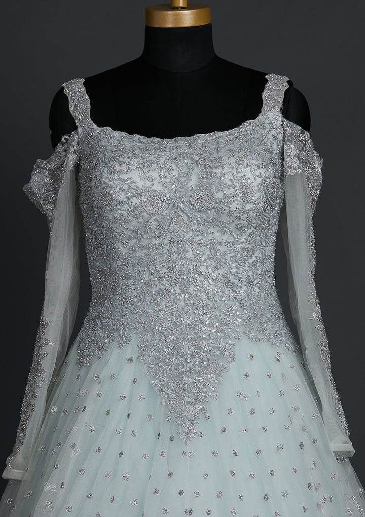 Sky Blue Silver Stonework Net Designer Gown - koskii