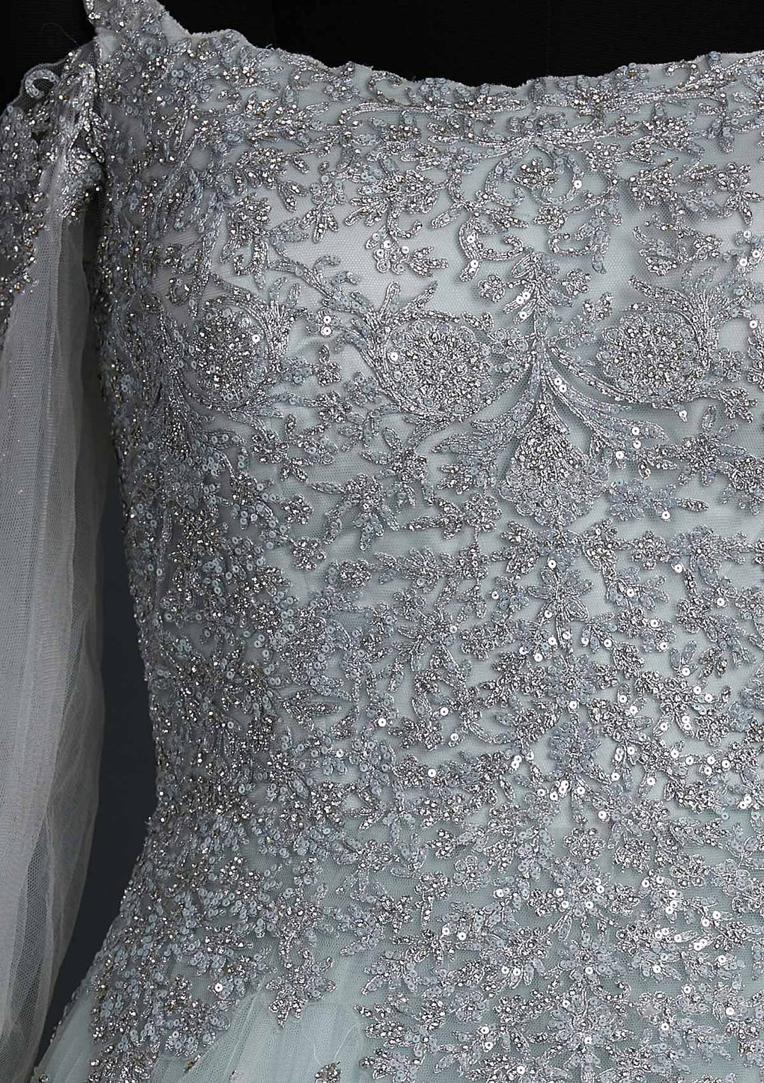 Sky Blue Silver Stonework Net Designer Gown - koskii