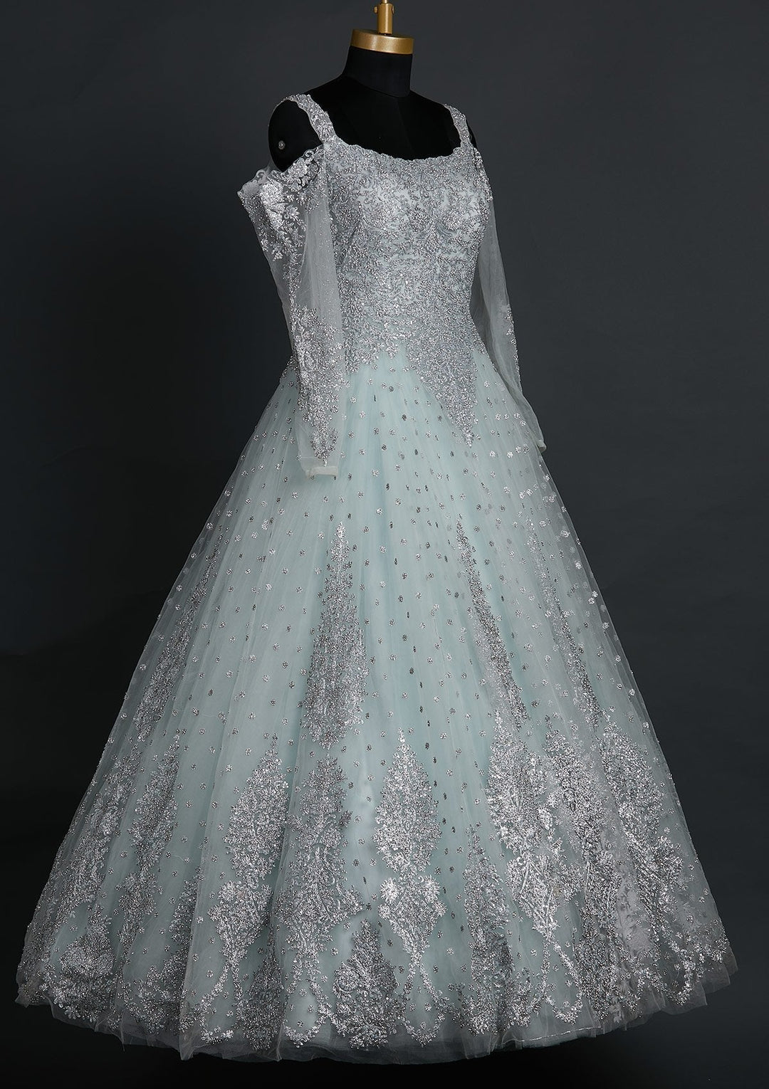 Sky Blue Silver Stonework Net Designer Gown - koskii
