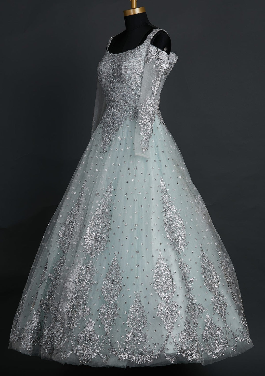 Sky Blue Silver Stonework Net Designer Gown - koskii
