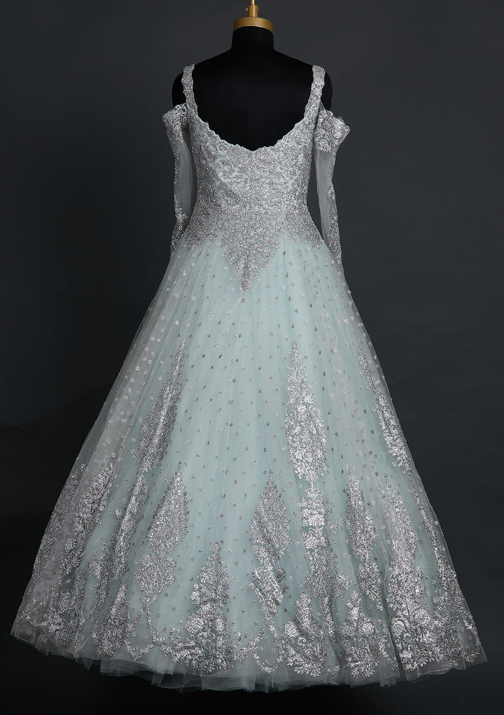 Sky Blue Silver Stonework Net Designer Gown - koskii