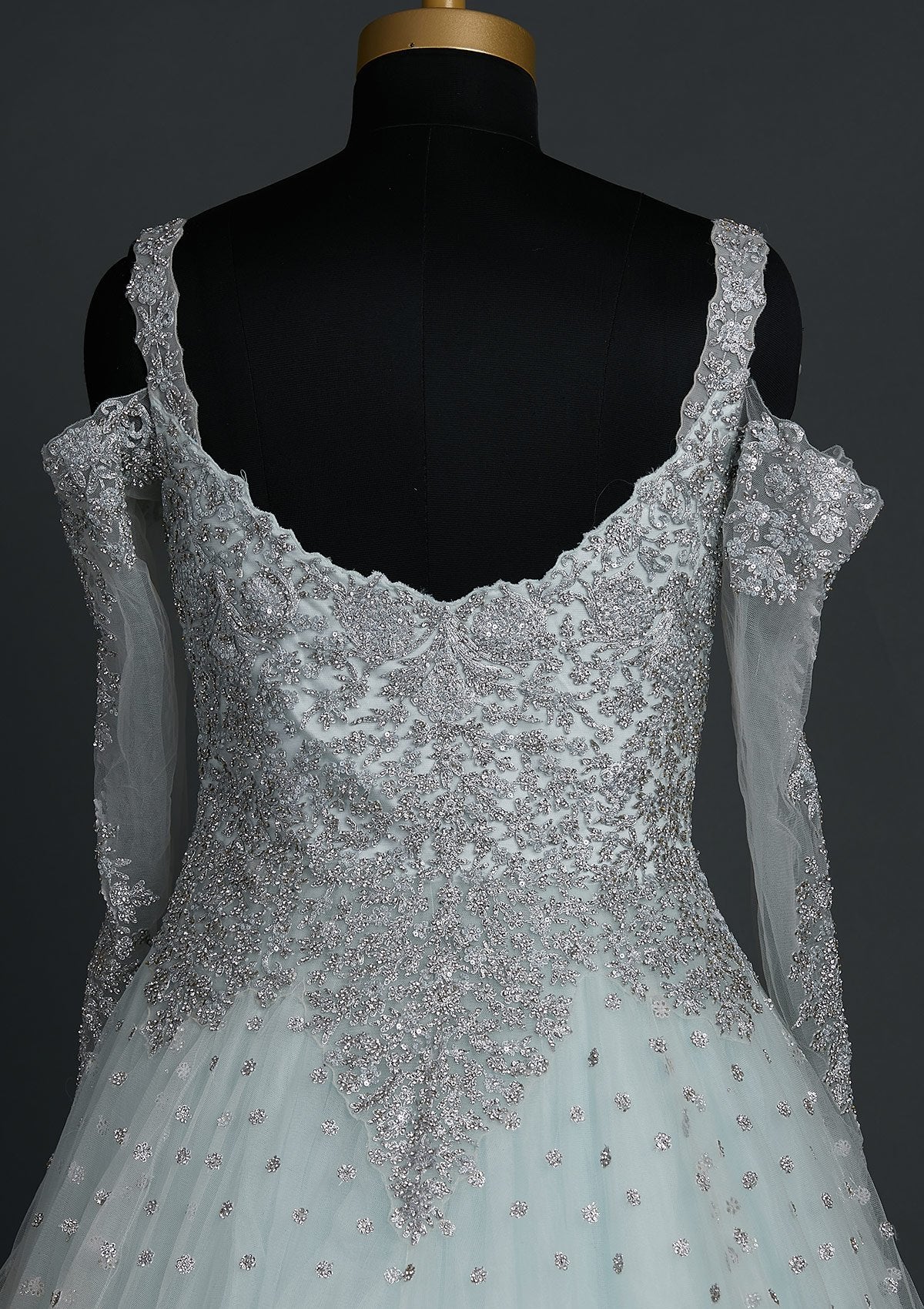 Sky Blue Silver Stonework Net Designer Gown - koskii