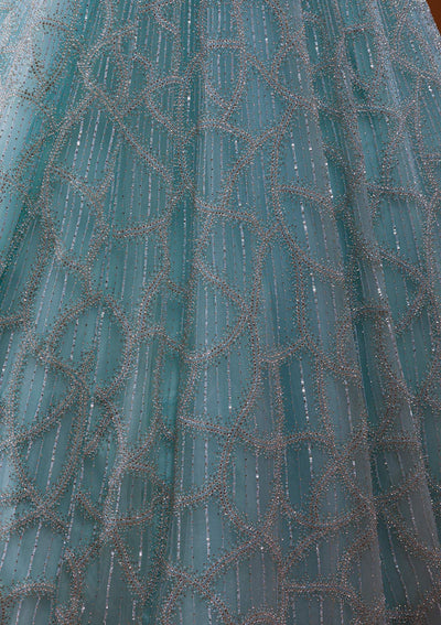 Sky Blue Silver Stonework Net Designer Gown-Koskii