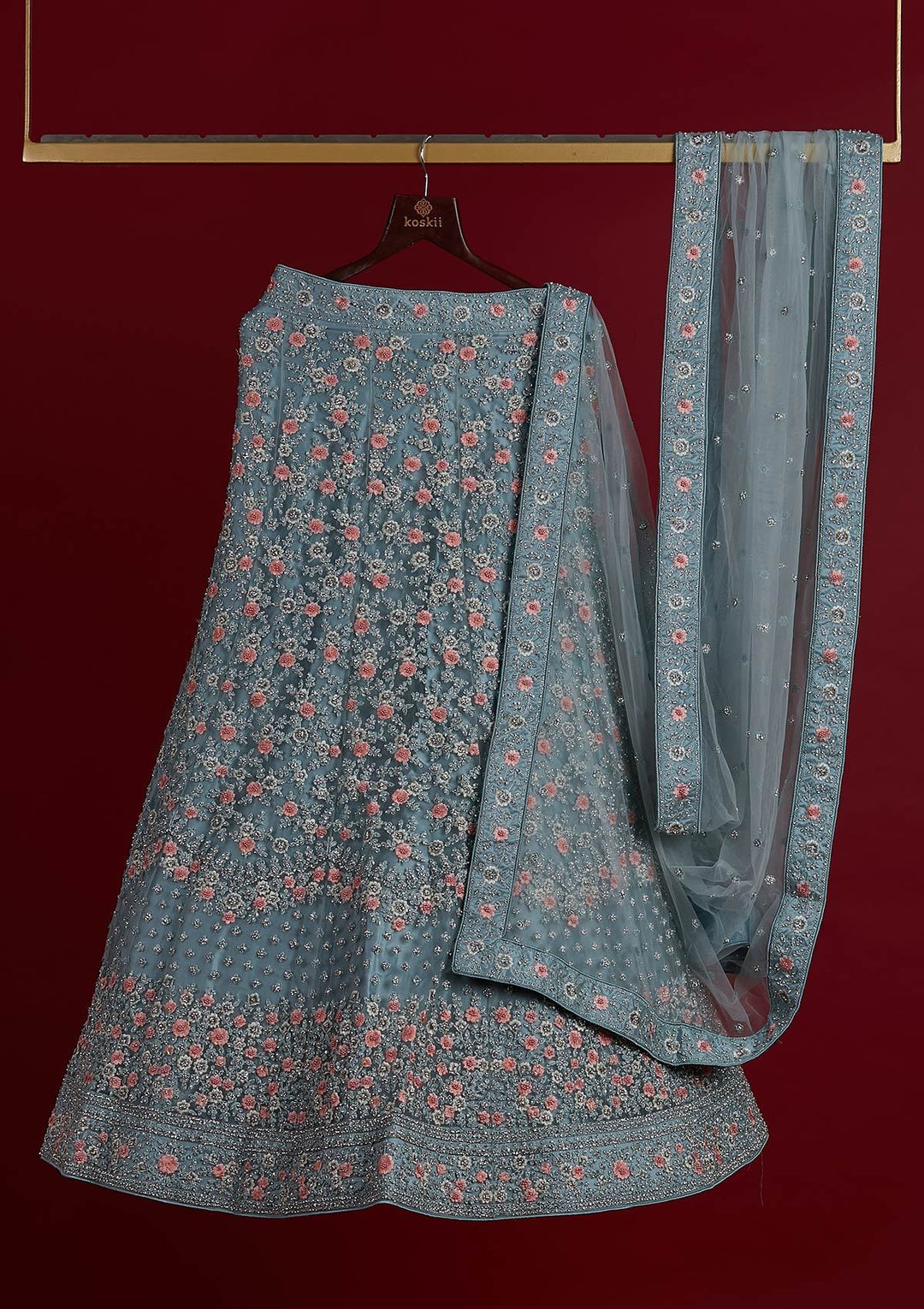 Sky Blue Silver Stonework Net Designer Semi-Stitched Lehenga - koskii