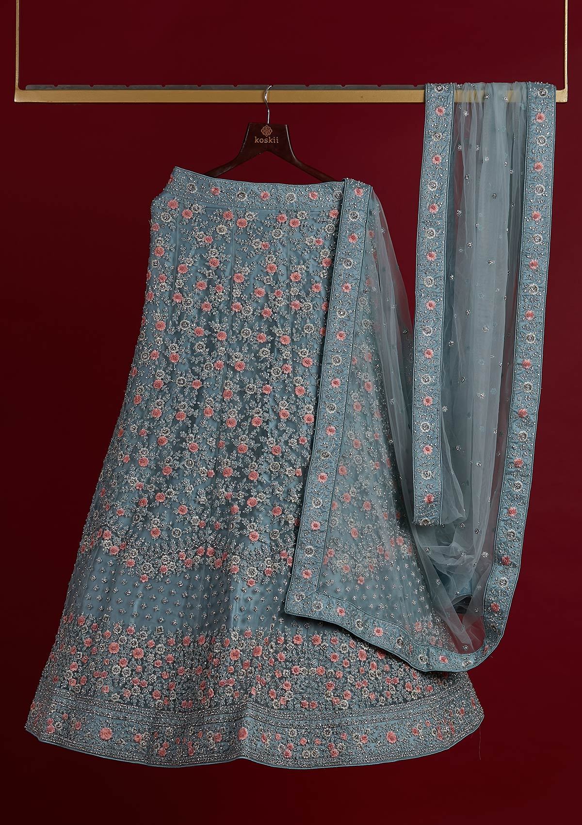 Sky Blue Silver Stonework Net Designer Semi-Stitched Lehenga - koskii