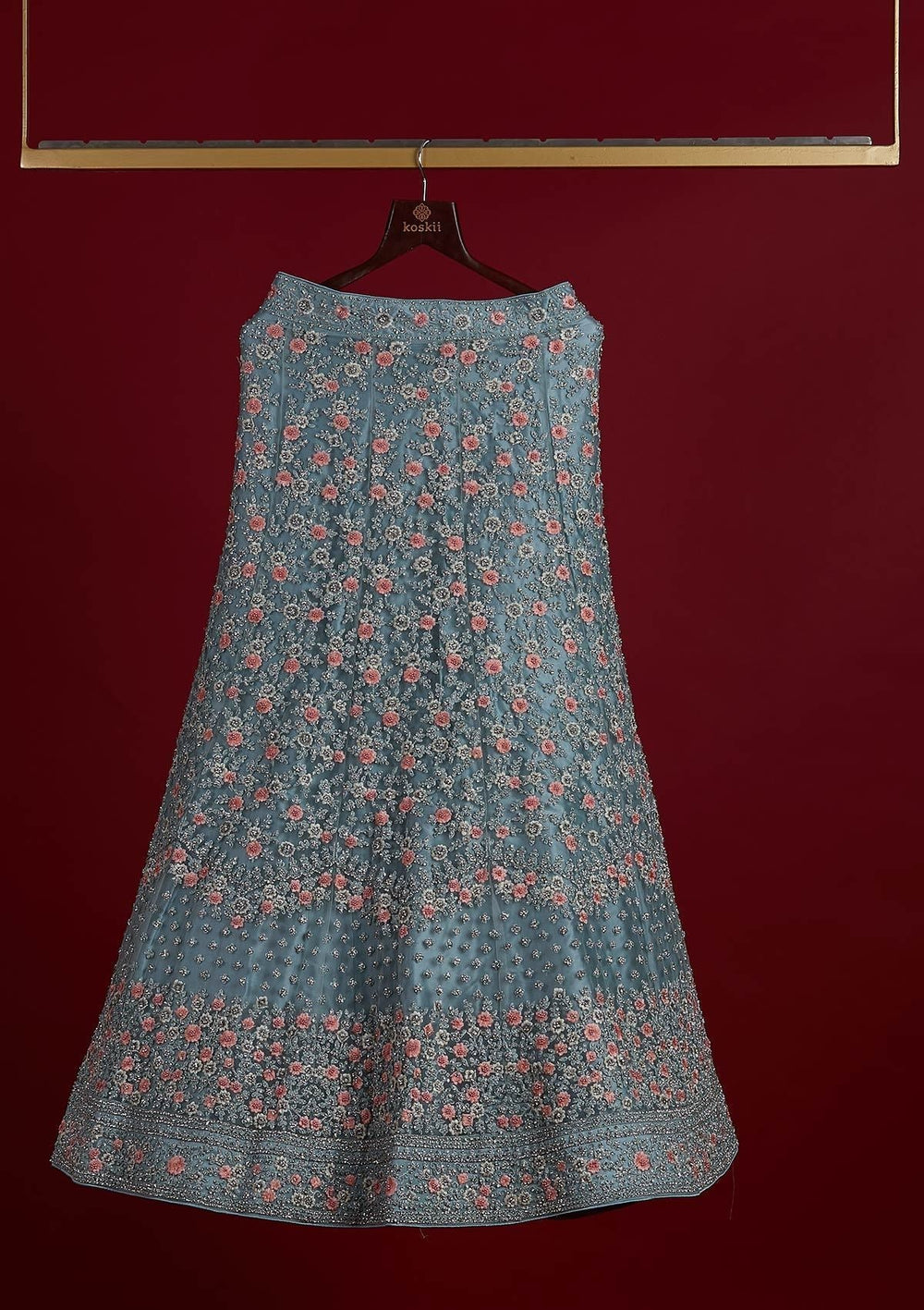 Sky Blue Silver Stonework Net Designer Semi-Stitched Lehenga - koskii