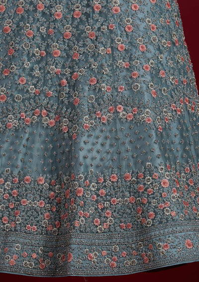 Sky Blue Silver Stonework Net Designer Semi-Stitched Lehenga - koskii
