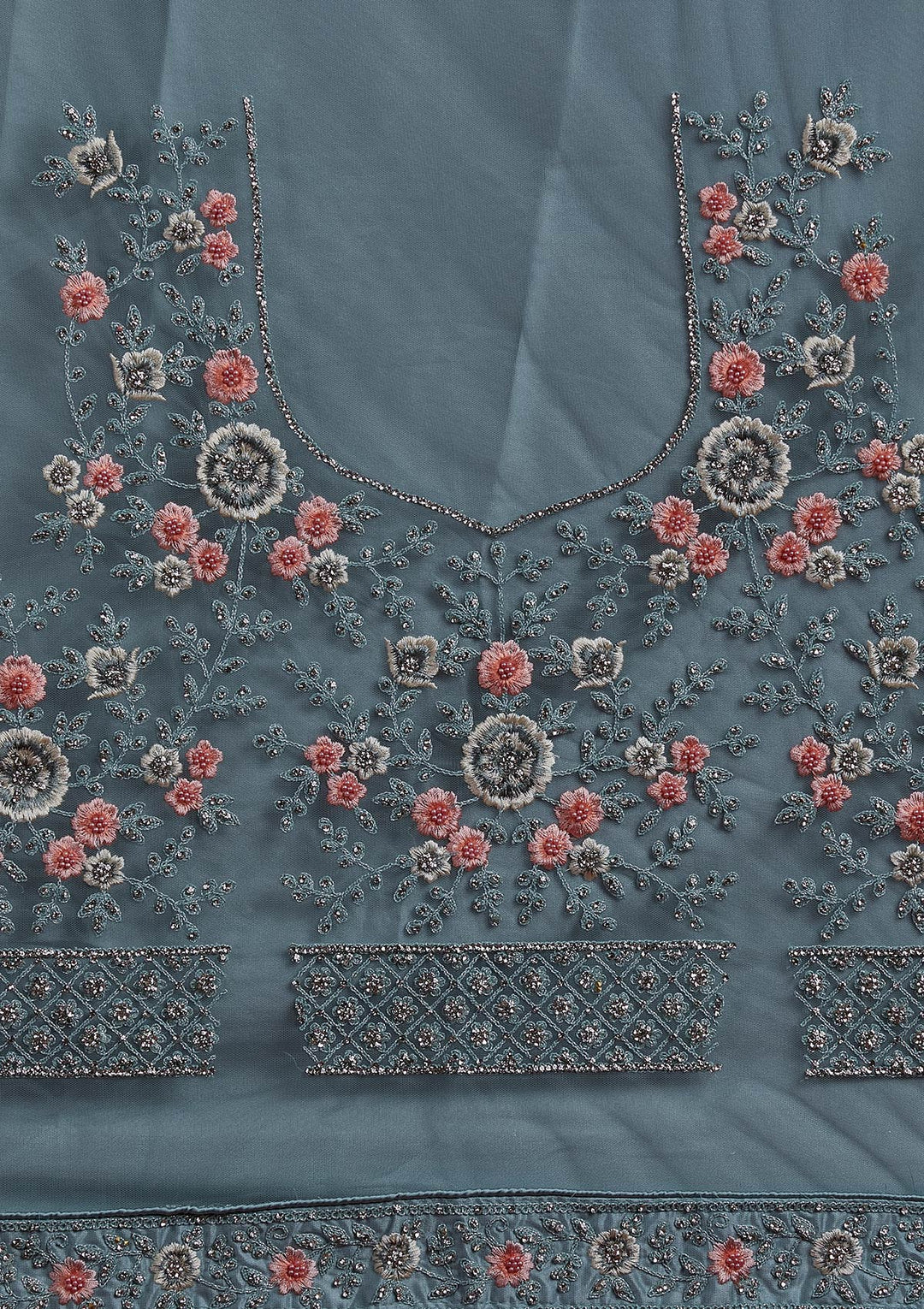 Sky Blue Silver Stonework Net Designer Semi-Stitched Lehenga - koskii