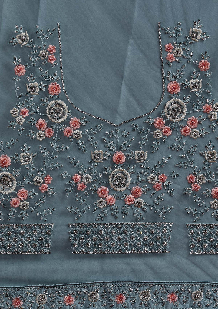 Sky Blue Silver Stonework Net Designer Semi-Stitched Lehenga - koskii
