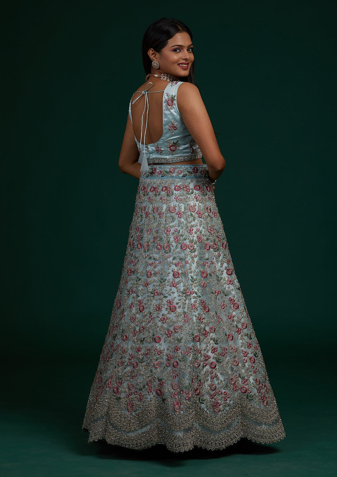 Sky Blue Silver Stonework Net Designer Lehenga-Koskii