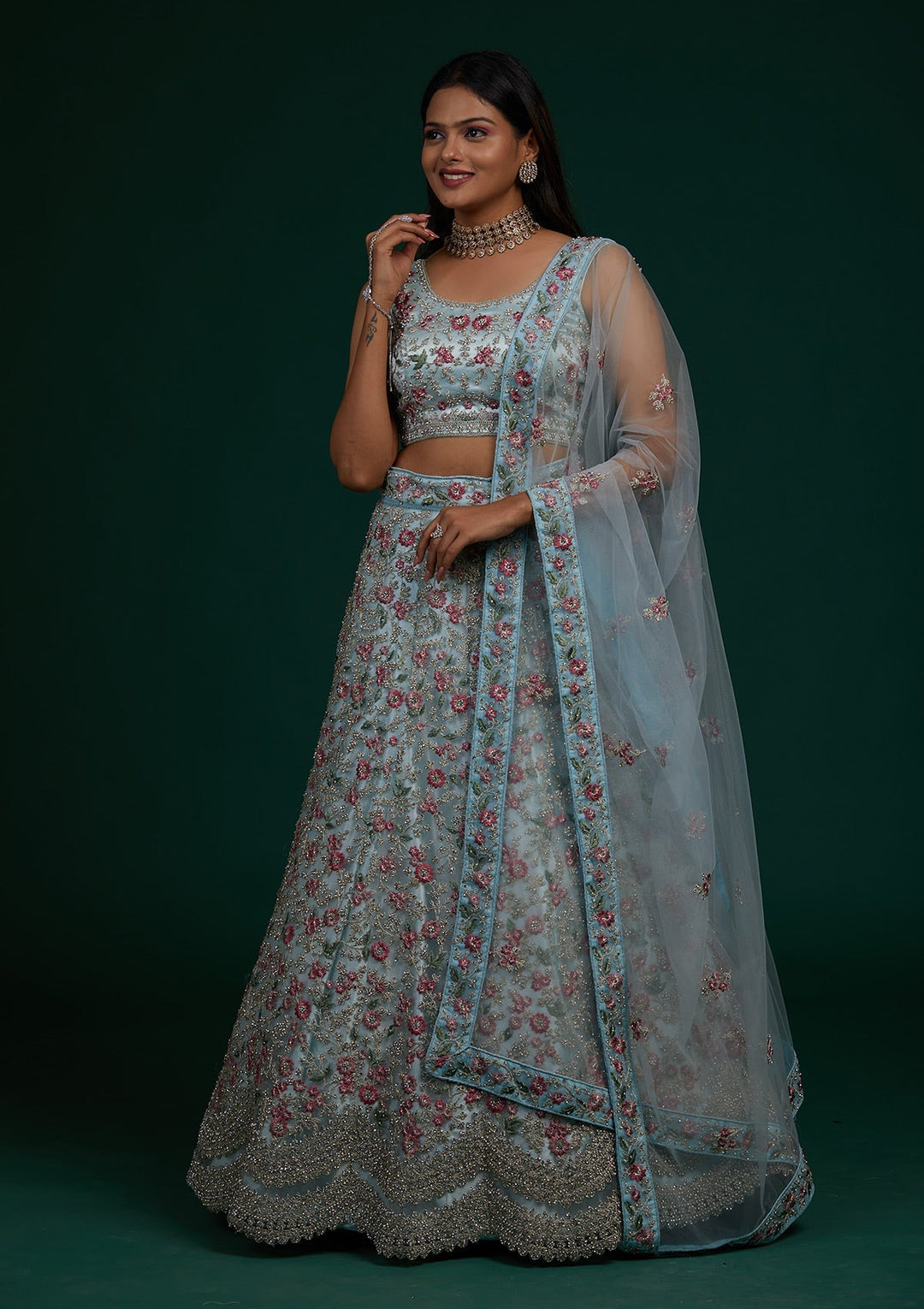 Sky Blue Silver Stonework Net Designer Lehenga-Koskii