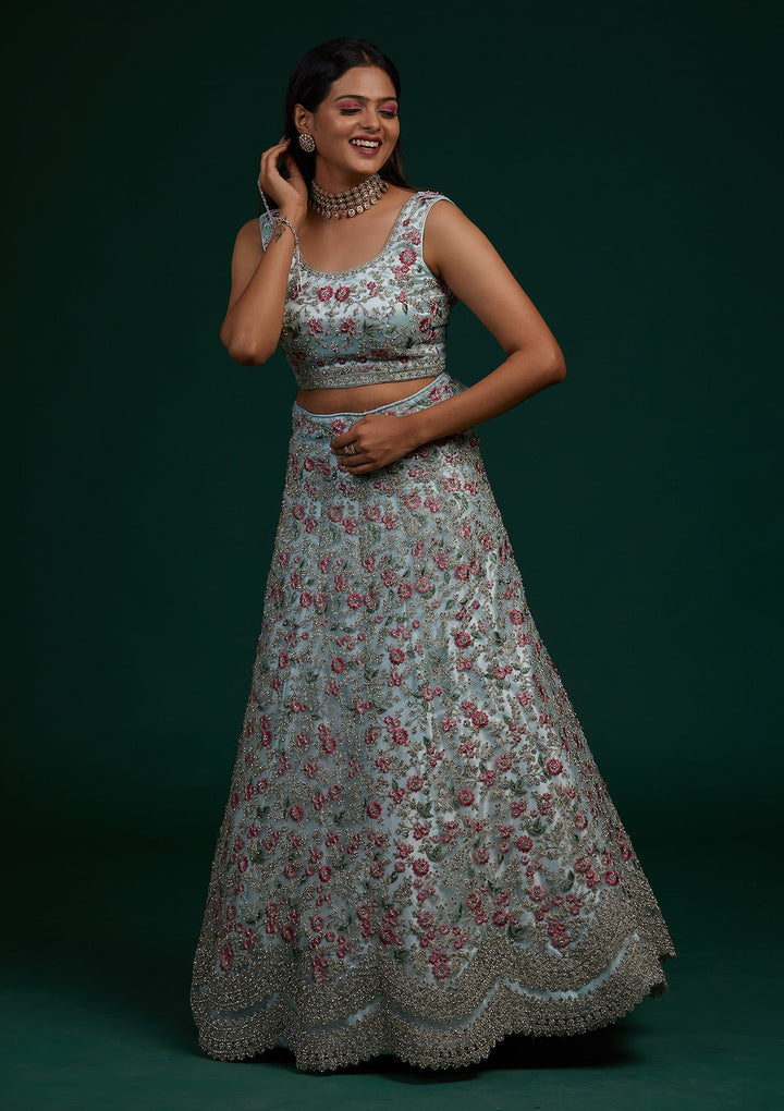 Sky Blue Silver Stonework Net Designer Lehenga-Koskii