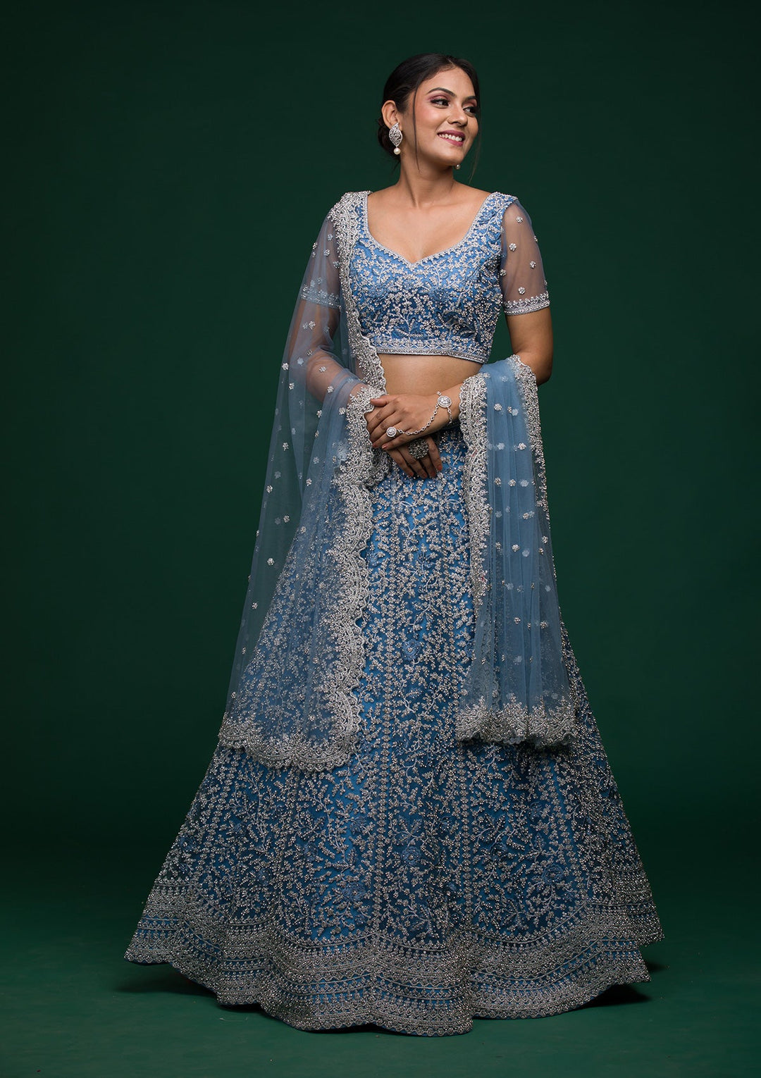 Sky Blue Silver Stonework Net Lehenga-koskii