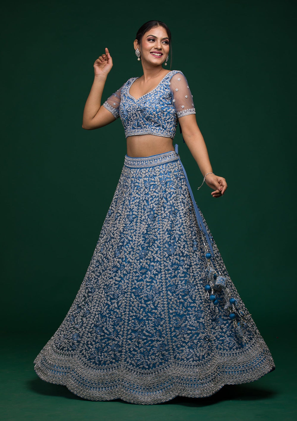 Sky Blue Silver Stonework Net Lehenga-koskii