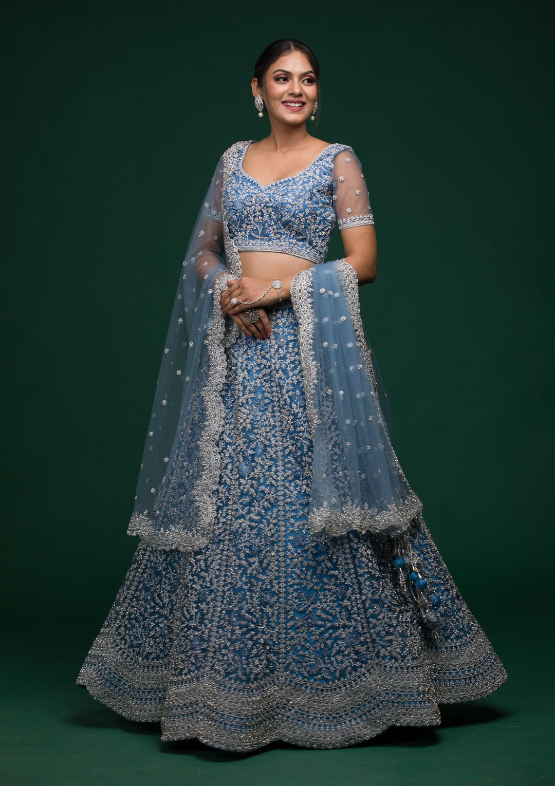 Sky Blue Silver Stonework Net Lehenga-koskii