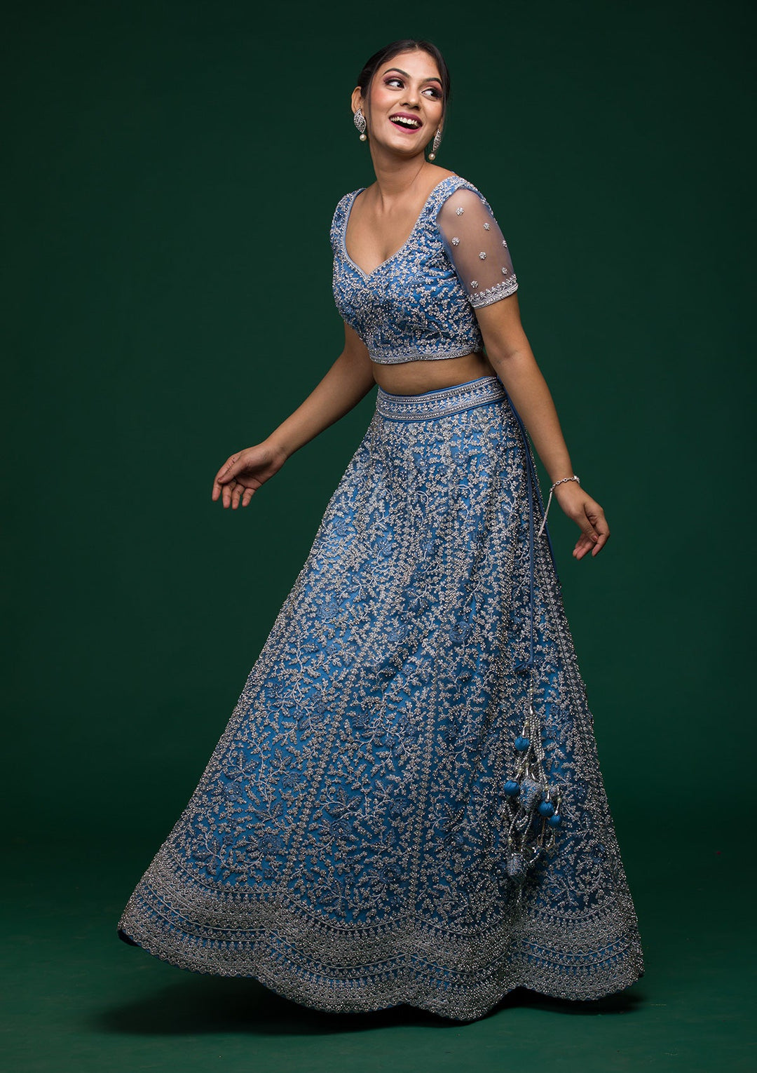 Sky Blue Silver Stonework Net Lehenga-koskii