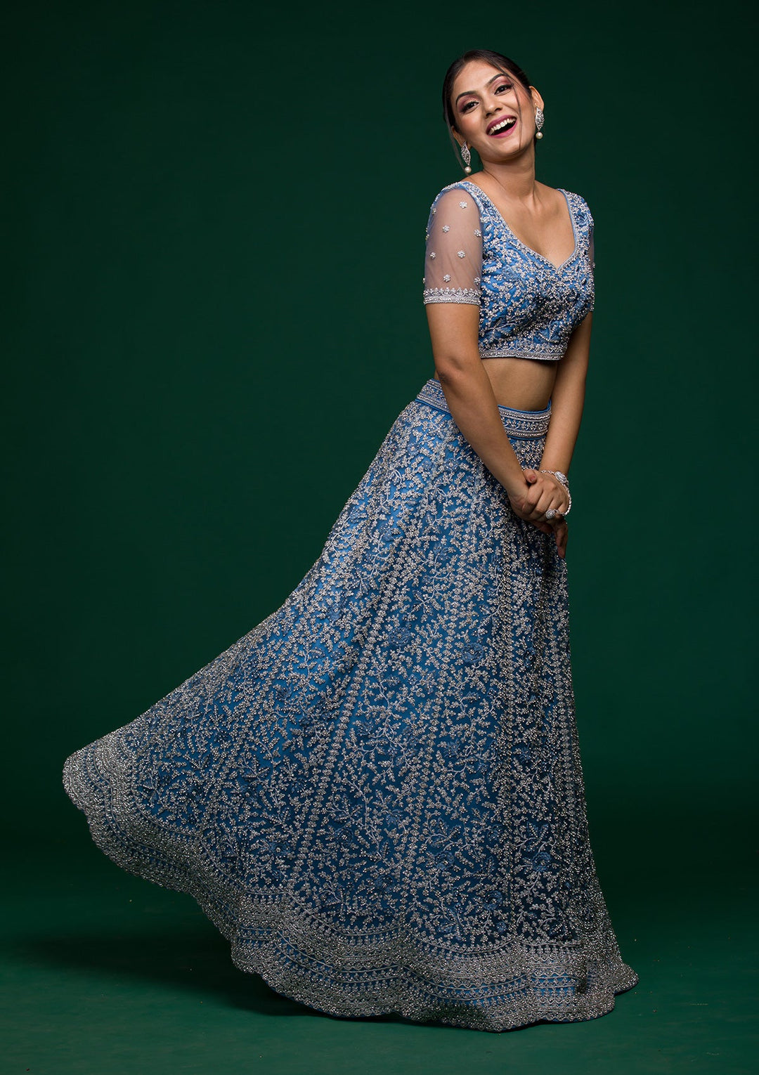 Sky Blue Silver Stonework Net Lehenga-koskii