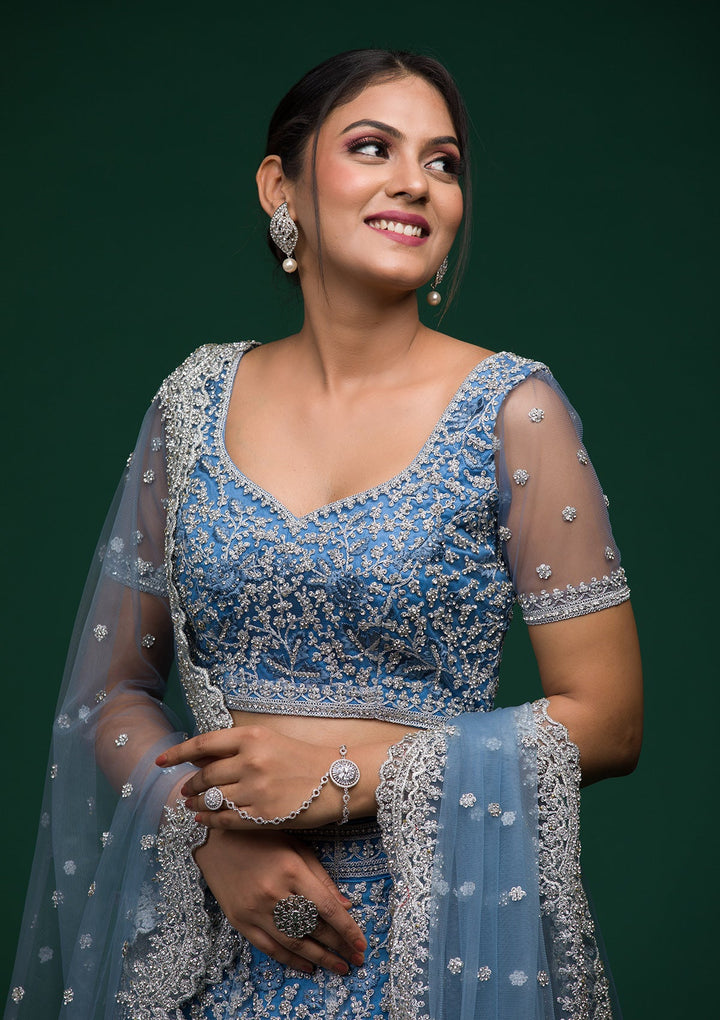 Sky Blue Silver Stonework Net Lehenga-koskii