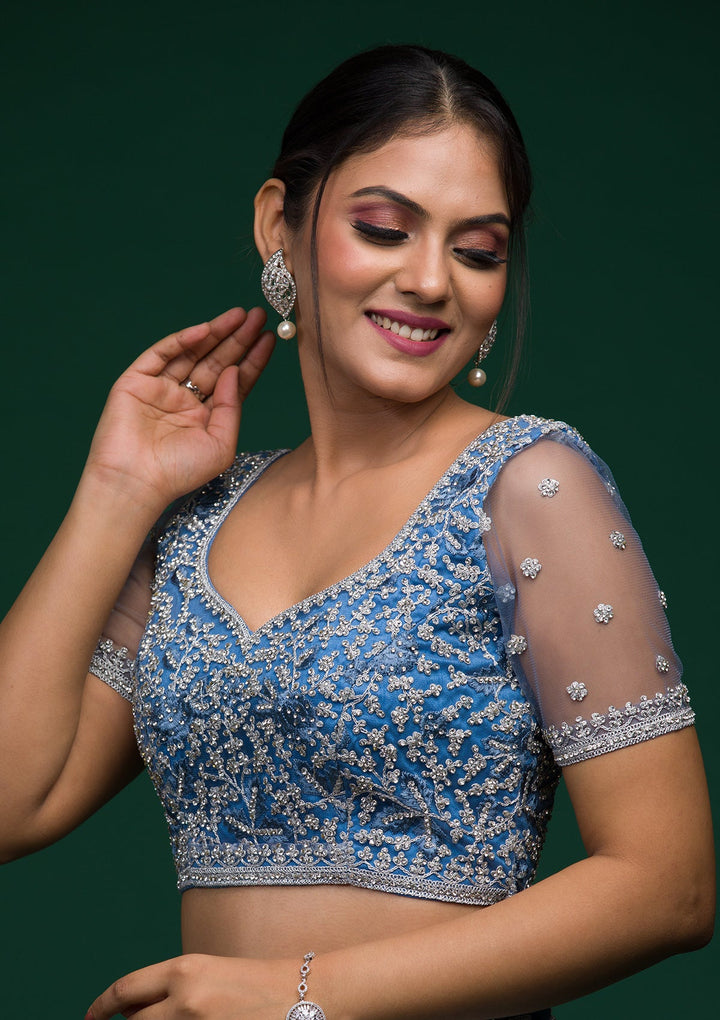 Sky Blue Silver Stonework Net Lehenga-koskii