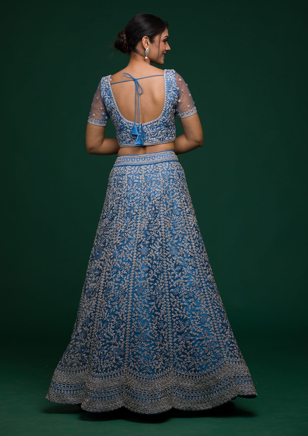 Sky Blue Silver Stonework Net Lehenga-koskii